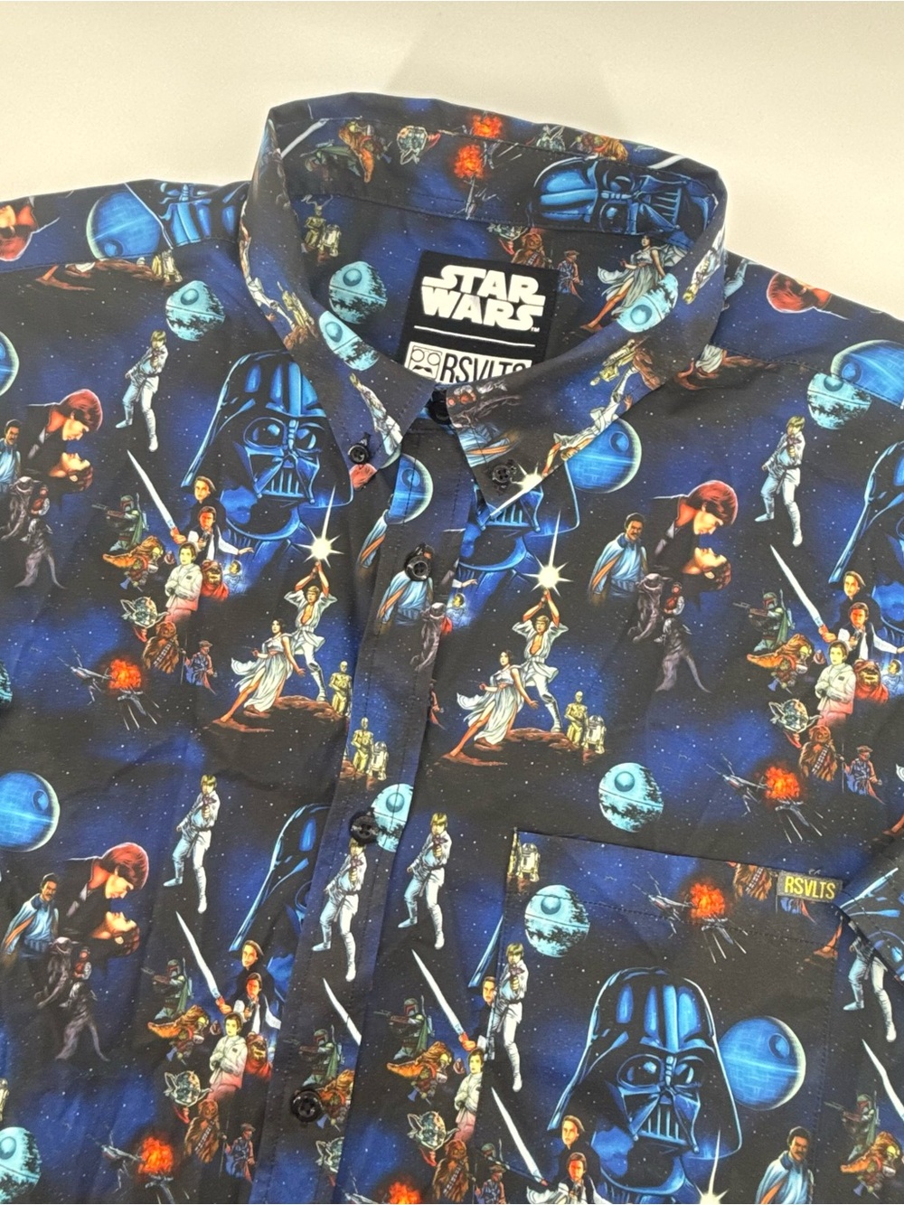 RSVLTS Star Wars Shirt 2XL Button Down Aloha KUNUFLEX Darth Vader Luke Leia